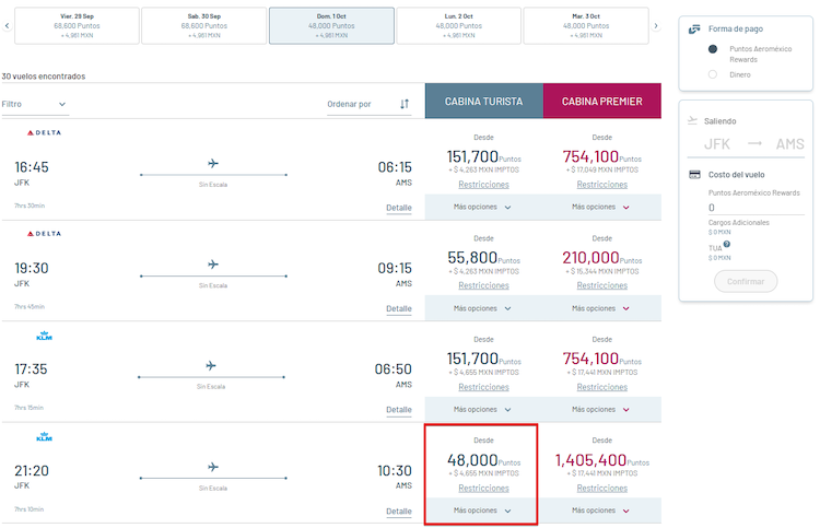 Aeromexico Rewards sweet spot booking example JFK-AMS