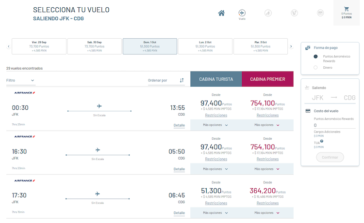 Aeromexico Rewards award booking example JFK-CDG