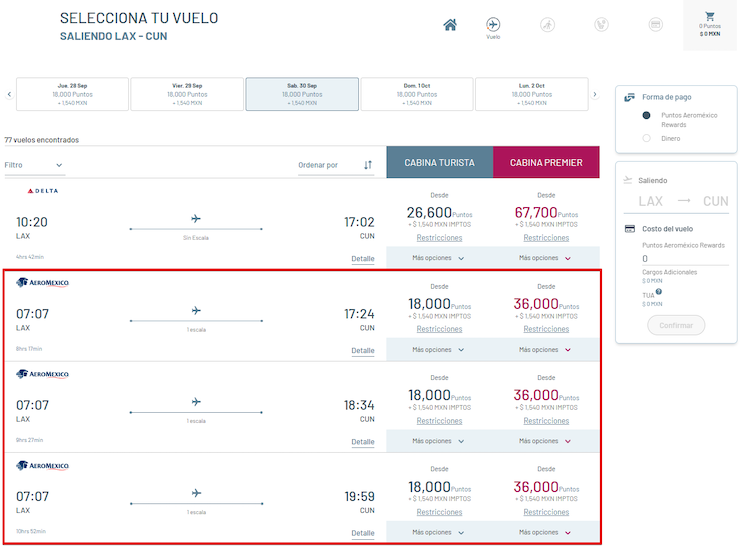 Aeromexico Rewards sweet spot booking example LAX-CUN