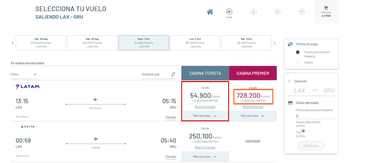 Aeromexico Rewards sweet spot booking example LAX-GRU