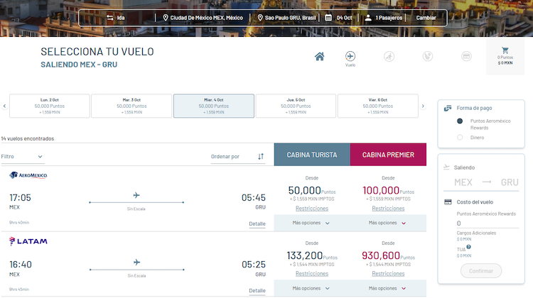 Aeromexico award booking example MEX-GRU