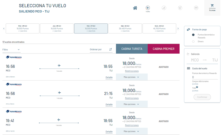 award pricing for Aeromexico Rewards redemption MCO-TIJ