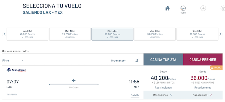 Aeromexico Rewards flight results LAX-MEX