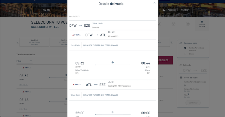 Aeromexico award search flight details on Delta DFW-ATL-EZE