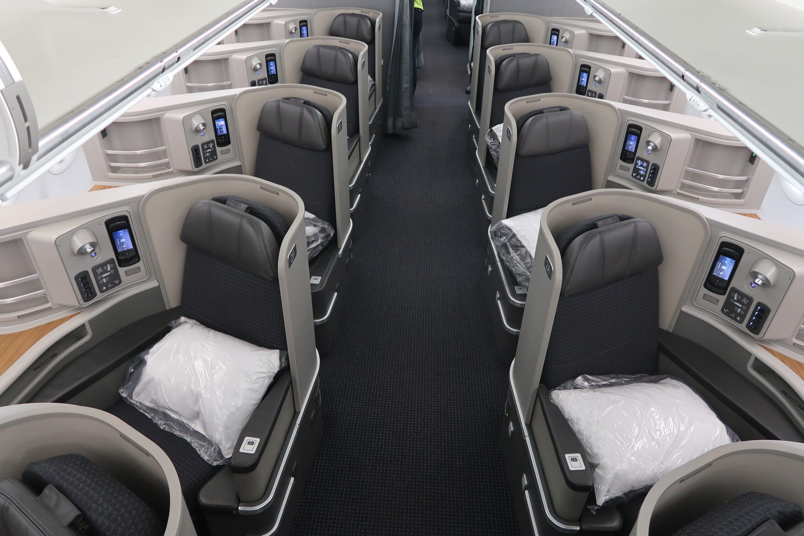 Overhead photo of American Airlines Flagship First Class lay-flat seats on Airbus A321T