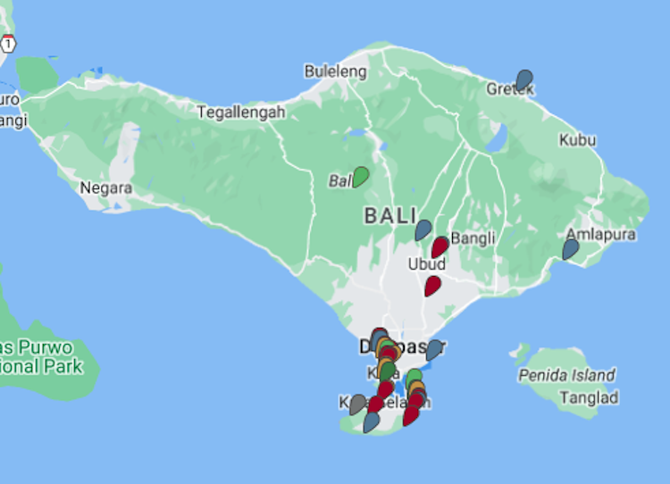colored dots on a map of Bali indicate locations of rewards-affiliated hotels