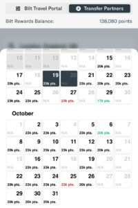 Screenshot of Bilt app showing hotel award calendar search results from Awayz