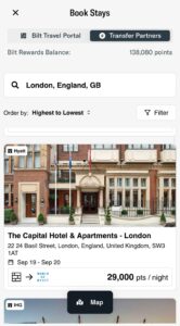 Screenshot of Bilt app showing hotel award search results for Hyatt and IHG in London, England