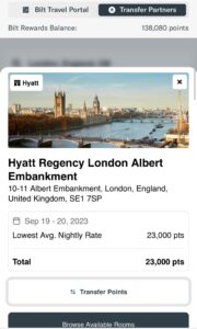 Screenshot of Bilt app showing hotel award search results for Hyatt Regency with option to transfer points or browse available rooms