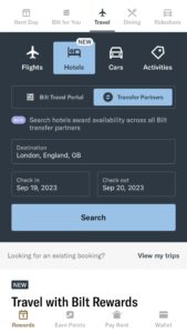 Screenshot of Bilt Rewards app showing Awayz hotel search integration