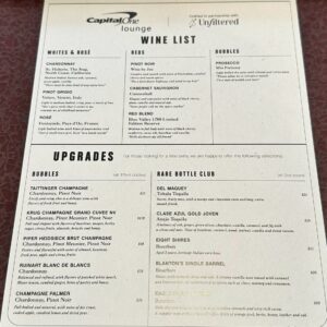 back side of the bar menu at Capital One Lounge IAD