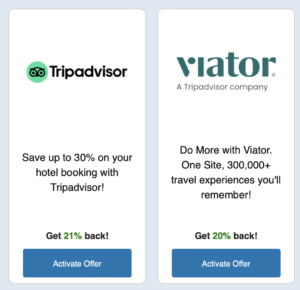 Capital One Shopping email offers for Viator and Tripadvisor