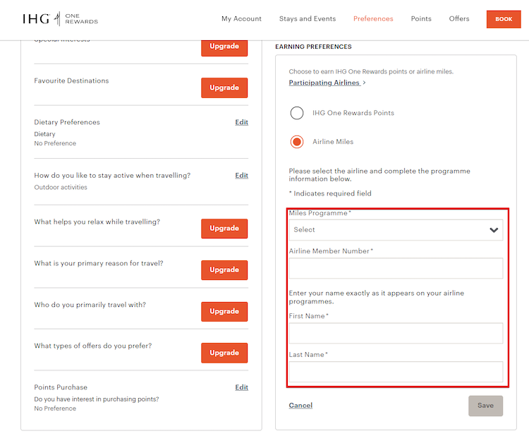 Option to change IHG earning preferences to airline miles, such as British Airways Avios, which you need for this promotion