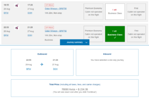 Screenshot showing British Airways award search results for Dallas to Doha for 70,000 Avios in business class