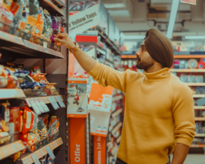 a person browses bags of chips in a large supermarket