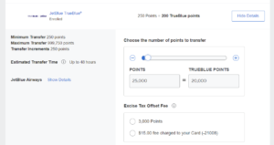 Screenshot of American Express website showing example transfer of 25,000 Amex points to 20,000 JetBlue points