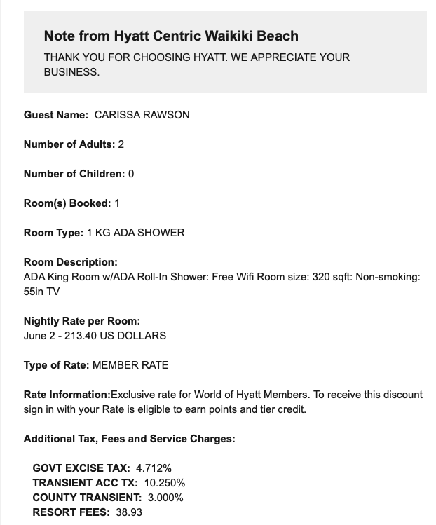 Hyatt Centric Waikiki confirmation email for ADA-compliant room