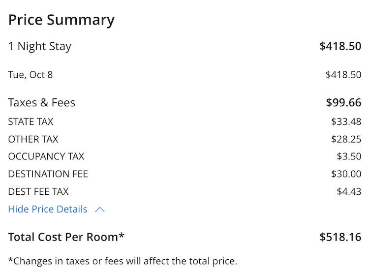 Pricing breakdown at this hotel when using the discount code