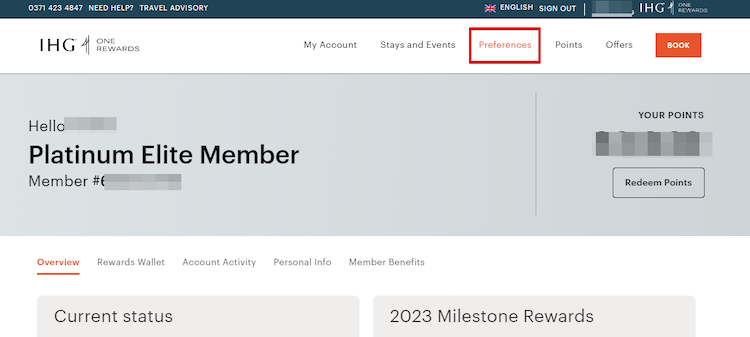 Home page in IHG One Rewards account