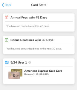Card Status screen on Travel Freely