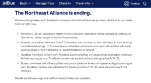 Screenshot of JetBlue website about Northeast Alliance ending