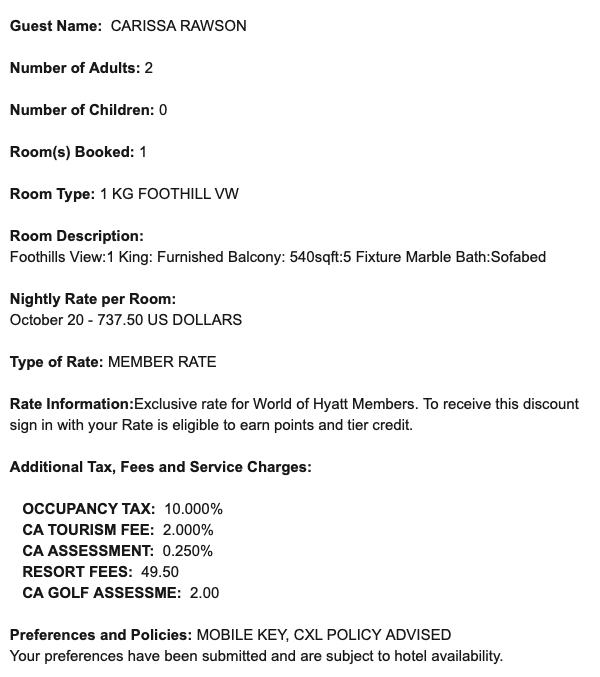 Hyatt booking confirmation email for a certain room type with the understanding that the guest would be moved to a handicap-accessible room on arrival, since those room types were blocked from bookings