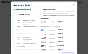 Screenshot of Point.Me QuickLook search results booking options pop-up box