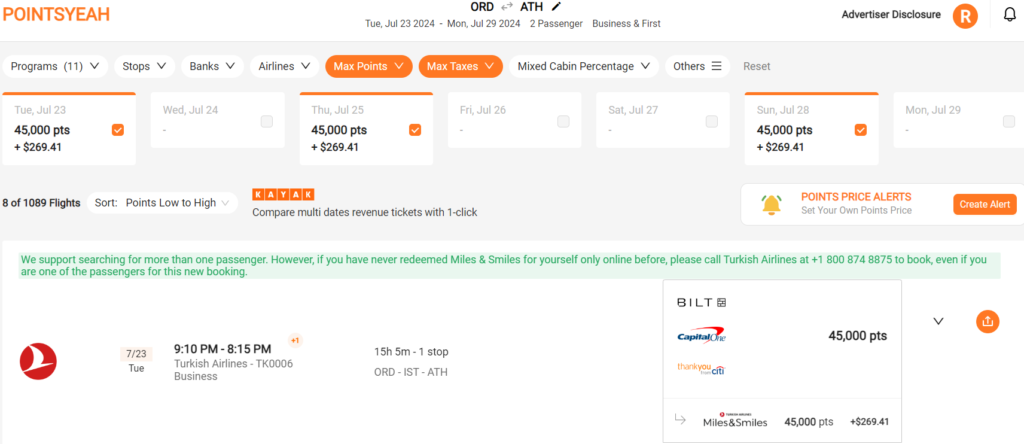 Premium cabin award search results screen using PointsYeah