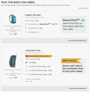 Frontier bag prices for the ATL to BOS flight - starting at $53 each for a carry-on and checked bag.