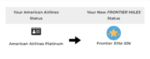 Status match from American Airlines Platinum to Frontier Elite 50K.