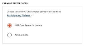 IHG page where you can elect to earn airline miles instead of One Rewards points.