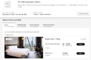 Screenshot showing award and Cash + Points rate for AC Hotel Guadalajara Mexico