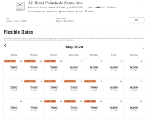 Marriott award calendar showing AC Hotels Palacio De Santa Ana for as few as 7,000 points per night