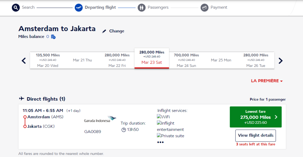 Amsterdam to Jakarta Garuda first class award booking with Flying Blue miles
