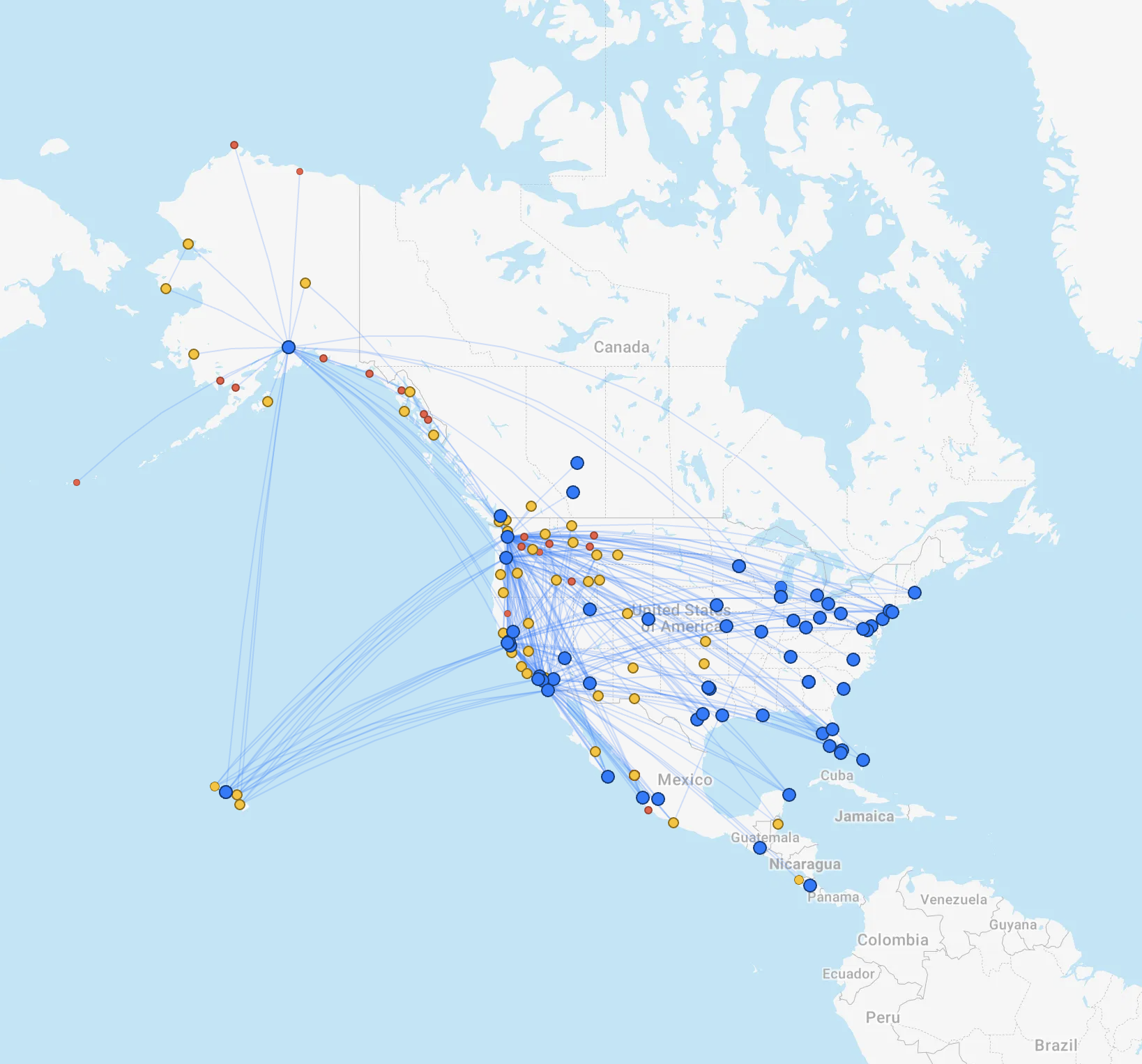 Alaska Airlines routes courtesy of FlightConnections.com