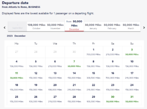 Screenshot showing business class Flying Blue award pricing from Atlanta to Rome in December 2023