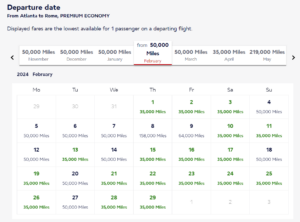 Screenshot showing premium economy Flying Blue award pricing from Atlanta to Rome in February 2024