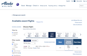 Screenshot of Alaska Mileage Plan award search results showing Qatar business class award availability.