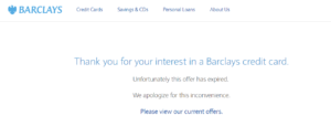 Screenshot of Barclays website showing American Airlines business credit card no longer available