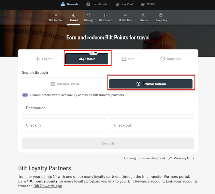 Bilt Rewards hotel search menu