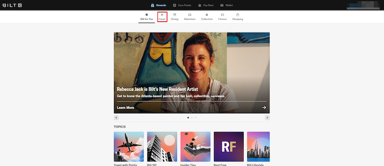 Bilt Rewards travel tab in menu