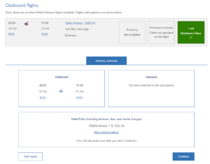Screenshot of a British Airways Executive Club award from Boston to London in Qatar business class for 70,000 Avios plus $103 in taxes and fees.