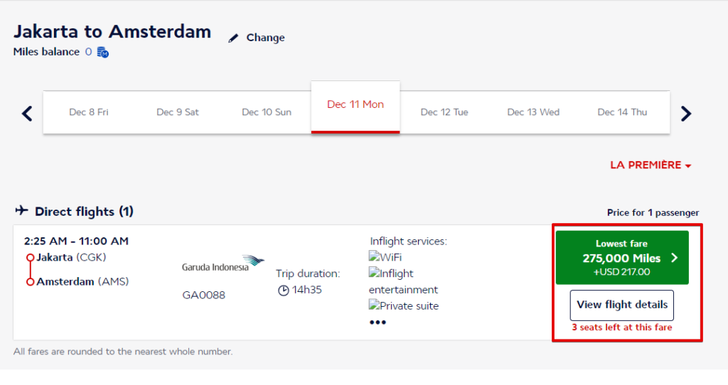 Flying Blue award search results showing a Jakarta to Amsterdam flight