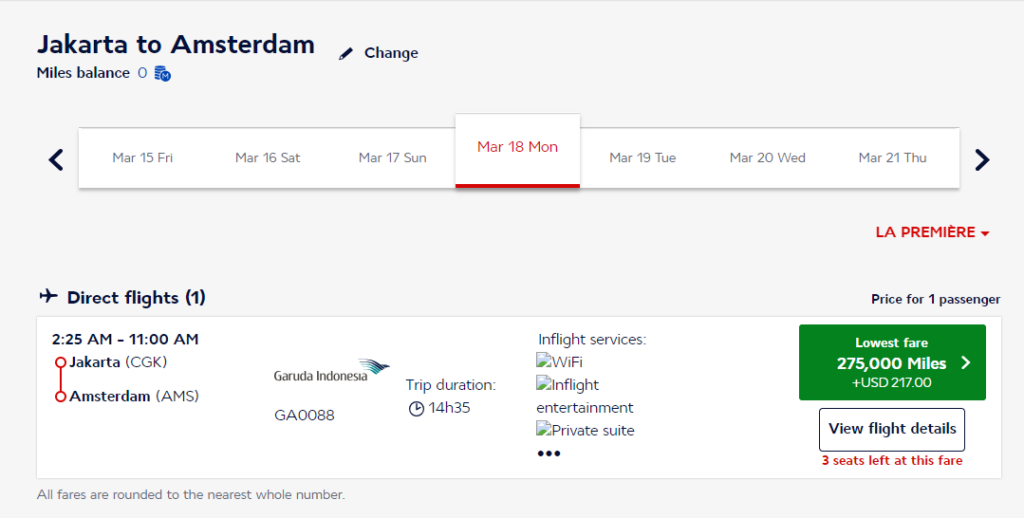 first-class award availability with Garuda via Flying Blue indicating multiple seats available