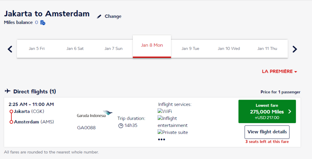 La Premiere / first class search results using Flying Blue miles for a Garuda Indonesia flight