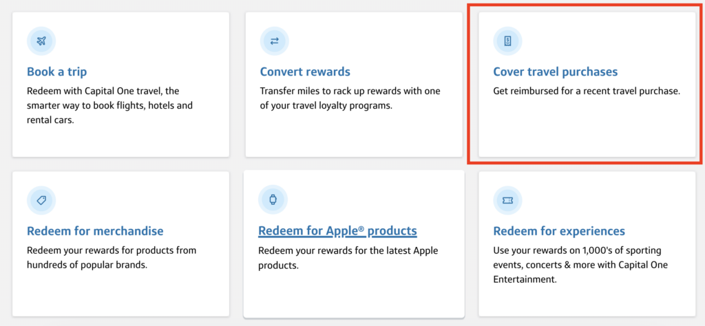 Options for redeeming Capital One miles with cover travel purchases selected