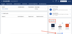 screenshot of a Chase banking account showing where to select Chase Offers to be added
