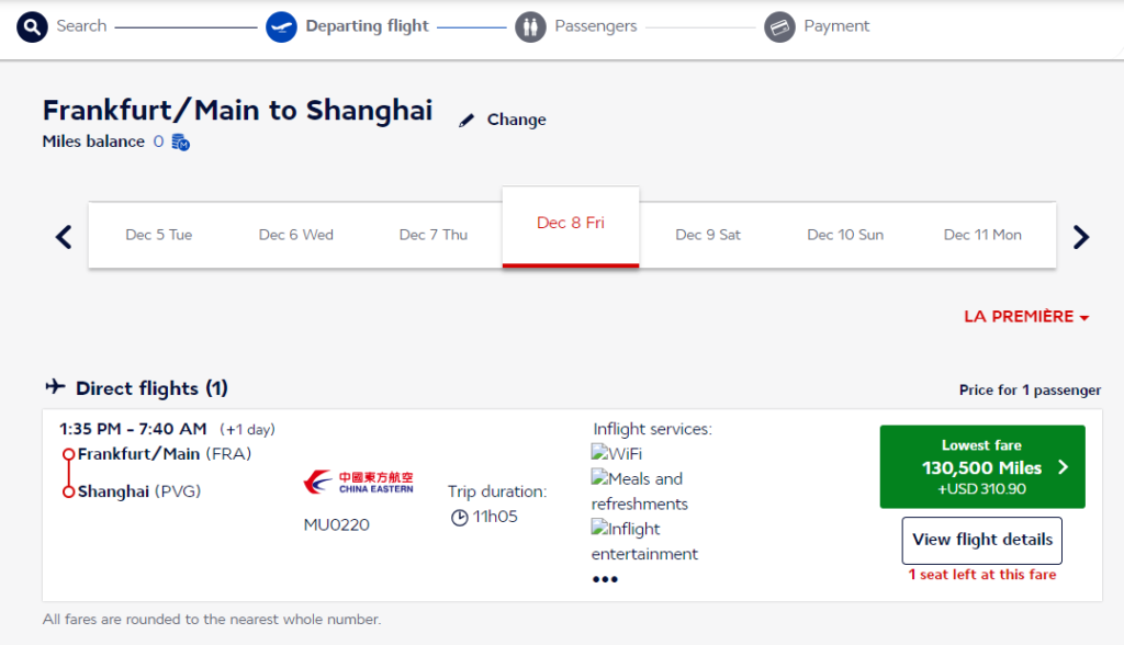 China Eastern first class award using Flying Blue miles