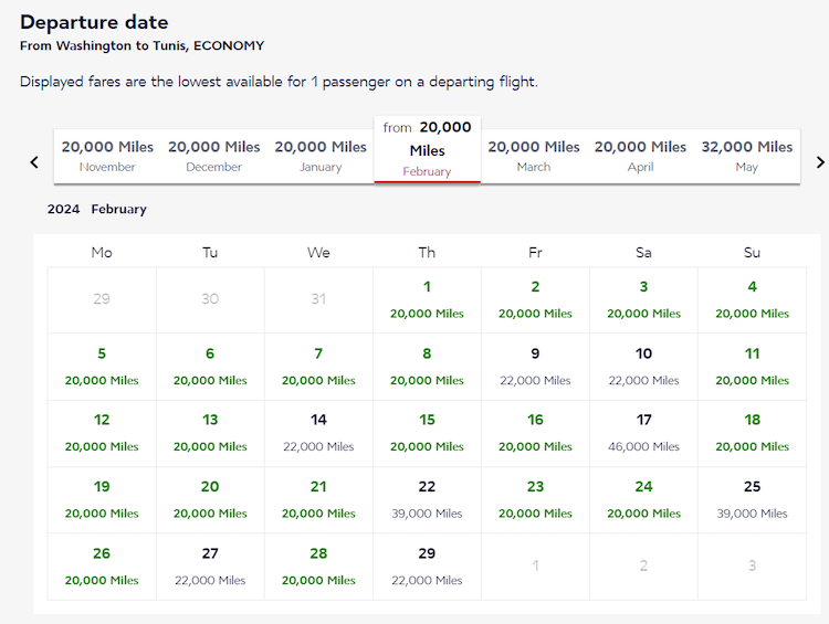 Flying Blue award Washington DC to Tunis economy