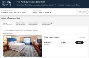 Screenshot showing Four Points By Sheraton Bakersfield for 6,500 points or $141 per night